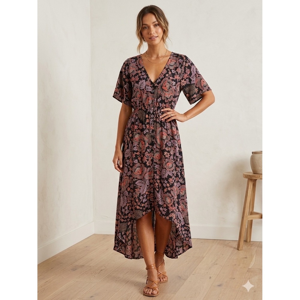 Saltwater Luxe Floral Midi Dress Womens Medium Black Boho Whimsigoth indie